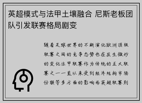 英超模式与法甲土壤融合 尼斯老板团队引发联赛格局剧变