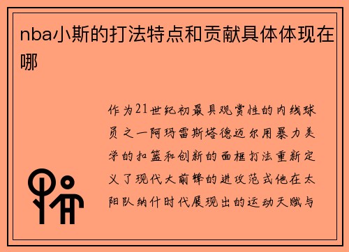 nba小斯的打法特点和贡献具体体现在哪